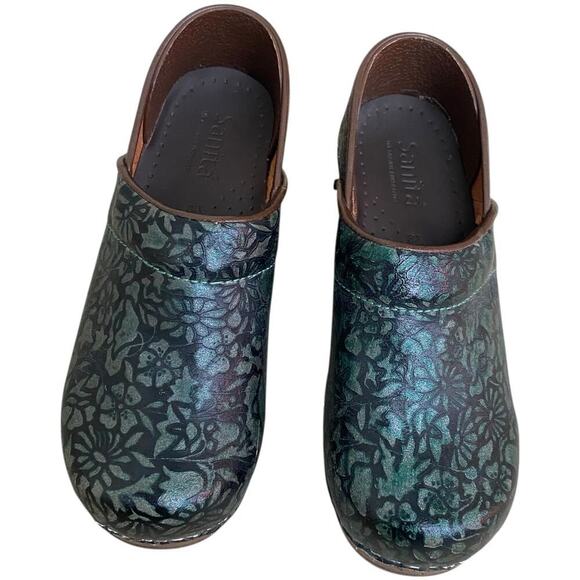 Sanita Green Floral Leather Professional Nursing Work Clogs Women's EU 35 US 4 - Picture 3 of 15